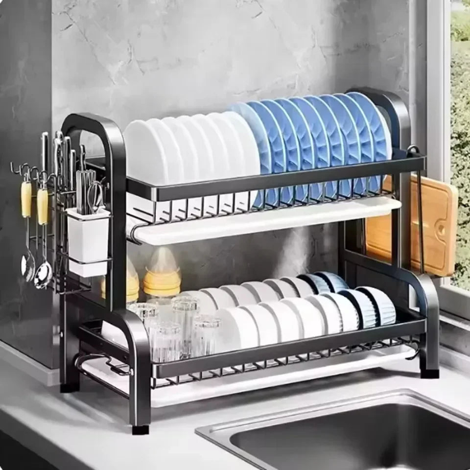 2-Tier Rust-Proof Dish Drying Rack with Drainboard Set