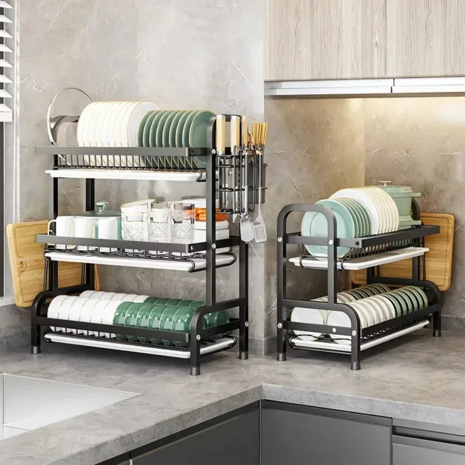 2-Tier Rust-Proof Dish Drying Rack with Drainboard Set