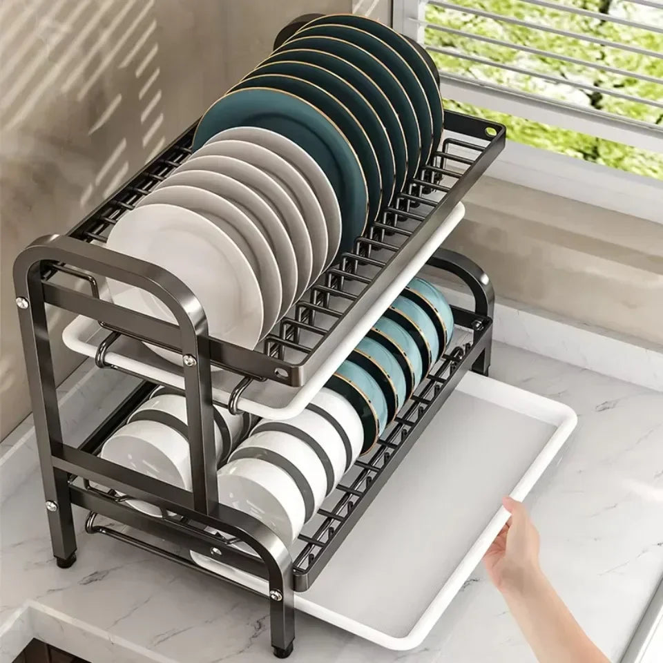 2-Tier Rust-Proof Dish Drying Rack with Drainboard Set